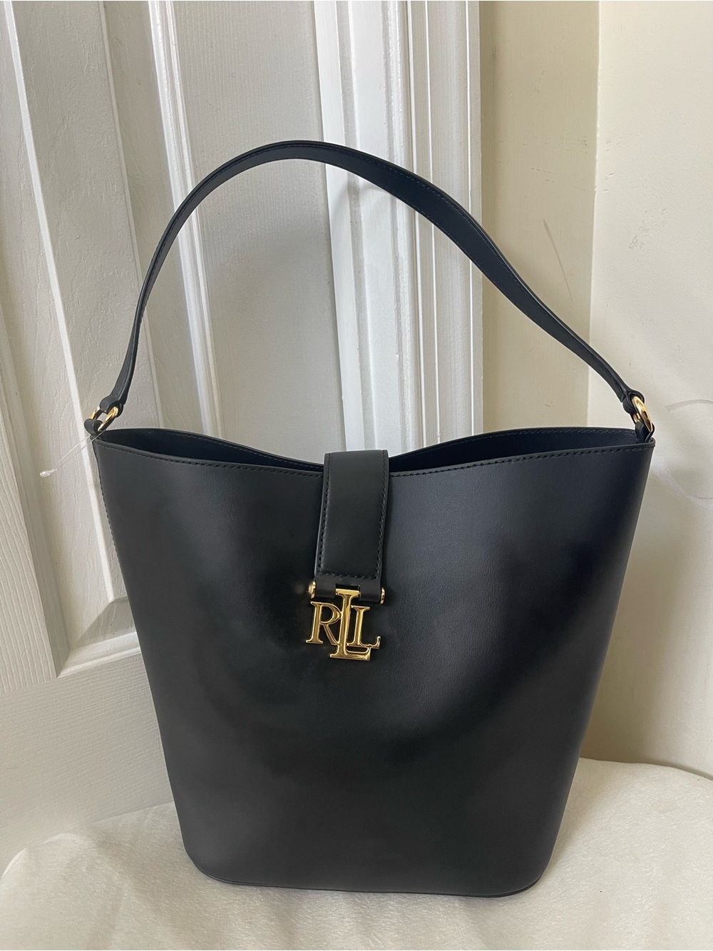 Ralph Lauren Black Bucket Shoulder Bag with Gold RL Logo